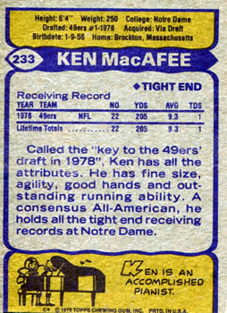 1979 Topps #233 Ken MacAfee Back