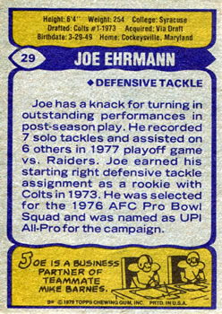 1979 Topps #29 Joe Ehrmann Back