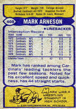 1979 Topps #408 Mark Arneson Back