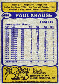 1979 Topps #489 Paul Krause Back