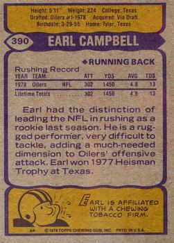 1979 Topps #390 Earl Campbell Back