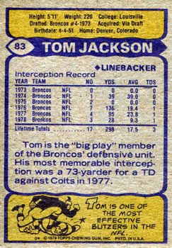 1979 Topps #83 Tom Jackson Back