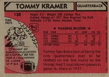 1980 Topps #138 Tommy Kramer Back