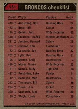 1980 Topps #151 Otis Armstrong / Rick Upchurch / Steve Foley / Brison Manor Back