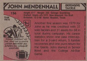 1980 Topps #156 John Mendenhall Back