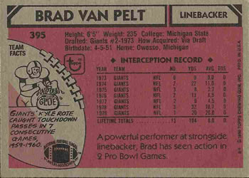 1980 Topps #395 Brad Van Pelt Back