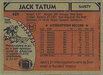 1980 Topps #429 Jack Tatum Back