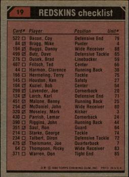 1980 Topps #19 Redskins Team Leaders / Checklist (John Riggins / Danny Buggs / Joe Lavender / Coy Bacon) Back