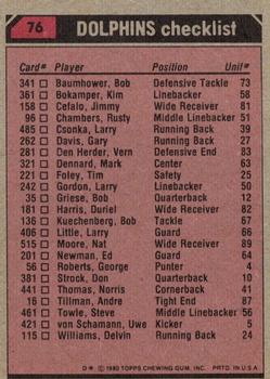 1980 Topps #76 Larry Csonka / Nat Moore / Neal Colzie / Gerald Small / Vern Den Herder Back
