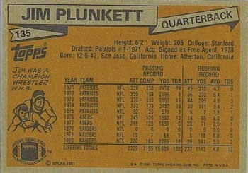 1981 Topps #135 Jim Plunkett Back