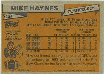 1981 Topps #230 Mike Haynes Back
