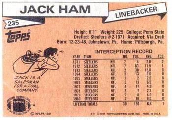 1981 Topps #235 Jack Ham Back