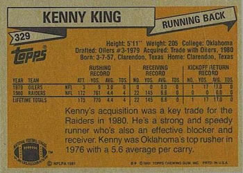 1981 Topps #329 Kenny King Back