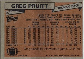 1981 Topps #415 Greg Pruitt Back