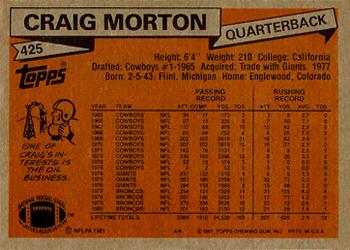 1981 Topps #425 Craig Morton Back