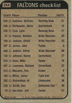 1981 Topps #244 William Andrews / Alfred Jenkins / Al Richardson / Joel Williams Back