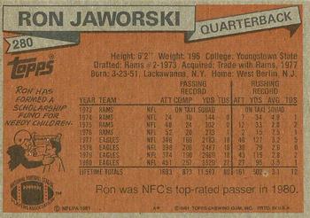 1981 Topps #280 Ron Jaworski Back
