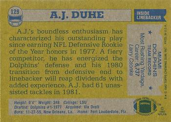 1982 Topps #129 A.J. Duhe Back