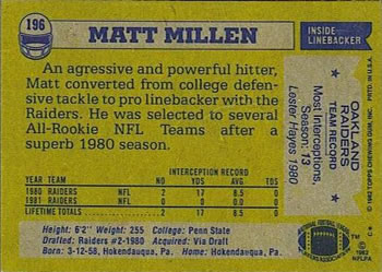1982 Topps #196 Matt Millen Back