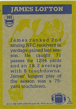 1982 Topps #365 James Lofton Back