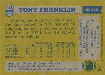 1982 Topps #443 Tony Franklin Back