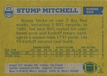 1982 Topps #472 Stump Mitchell Back
