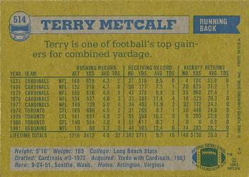 1982 Topps #514 Terry Metcalf Back