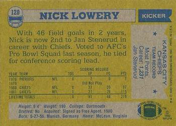 1982 Topps #120 Nick Lowery Back