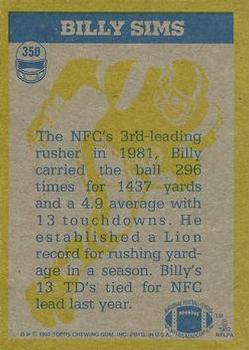 1982 Topps #350 Billy Sims Back