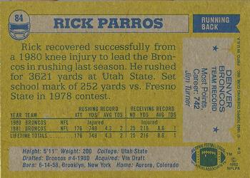 1982 Topps #84 Rick Parros Back