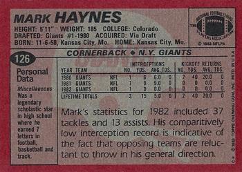 1983 Topps #126 Mark Haynes Back