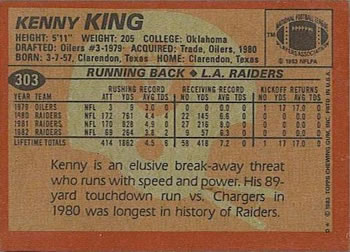 1983 Topps #303 Kenny King Back