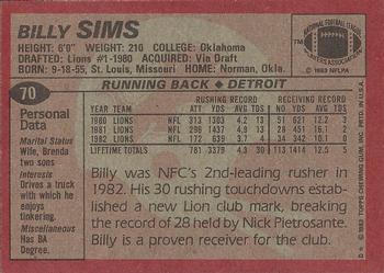 1983 Topps #70 Billy Sims Back