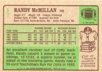 1984 Topps #17 Randy McMillan Back