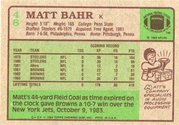 1984 Topps #48 Matt Bahr Back