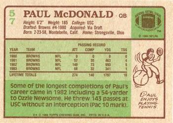 1984 Topps #57 Paul McDonald Back
