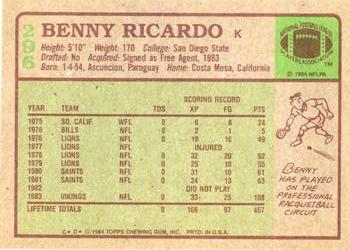 1984 Topps #296 Benny Ricardo Back