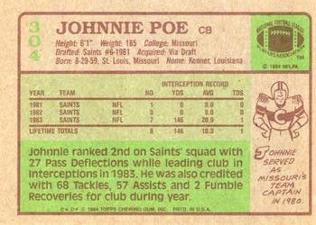 1984 Topps #304 Johnnie Poe Back