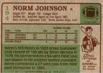 1984 Topps #194 Norm Johnson Back