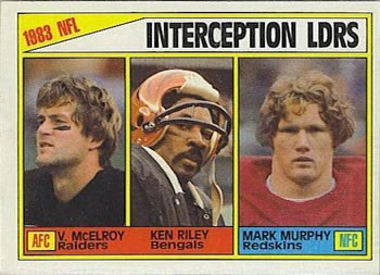1984 Topps #206 1983 Interception Leaders (Vann McElroy / Ken Riley / Mark Murphy) Front