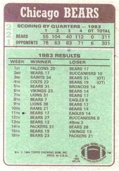 1984 Topps #221 Bears Team Leaders - Walter Payton Back