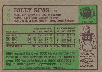 1984 Topps #260 Billy Sims Back