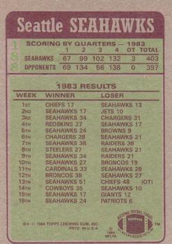 1984 Topps #188 Seahawks Team Leaders - Curt Warner Back