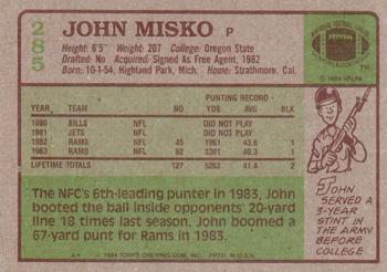 1984 Topps #285 John Misko Back