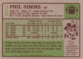 1984 Topps #320 Phil Simms Back
