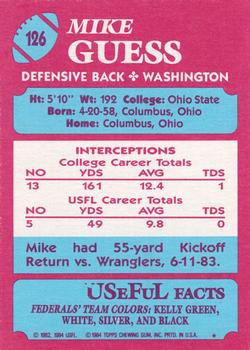 1984 Topps USFL #126 Mike Guess Back