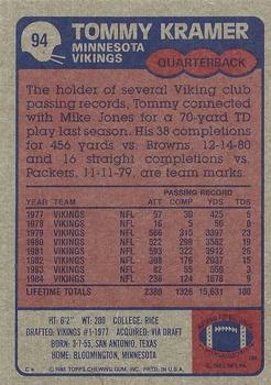 1985 Topps #94 Tommy Kramer Back