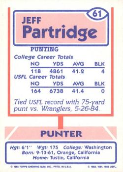 1985 Topps USFL #61 Jeff Partridge Back