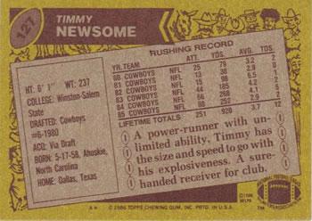 1986 Topps #127 Timmy Newsome Back