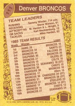 1986 Topps #111 Broncos Team Leaders Back